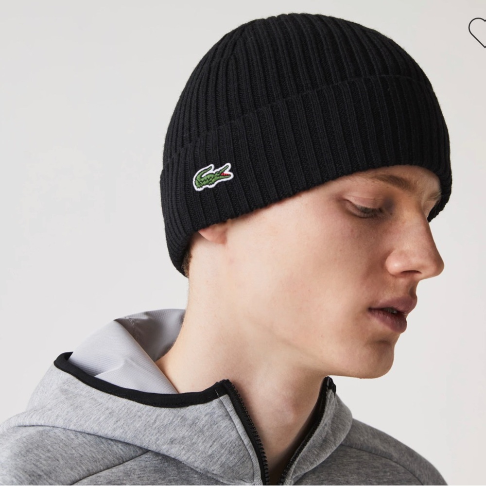 Lacoste Beanie Skully Black ribbed Wool Brand New $45 Retail